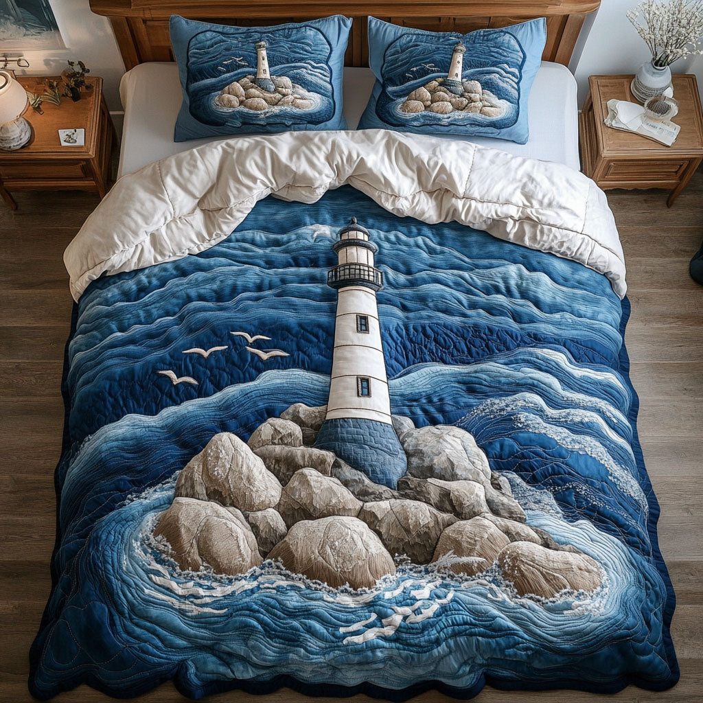 Waves of Tranquility quilted 3-piece bedding set on a made bed in a light coastal bedroom