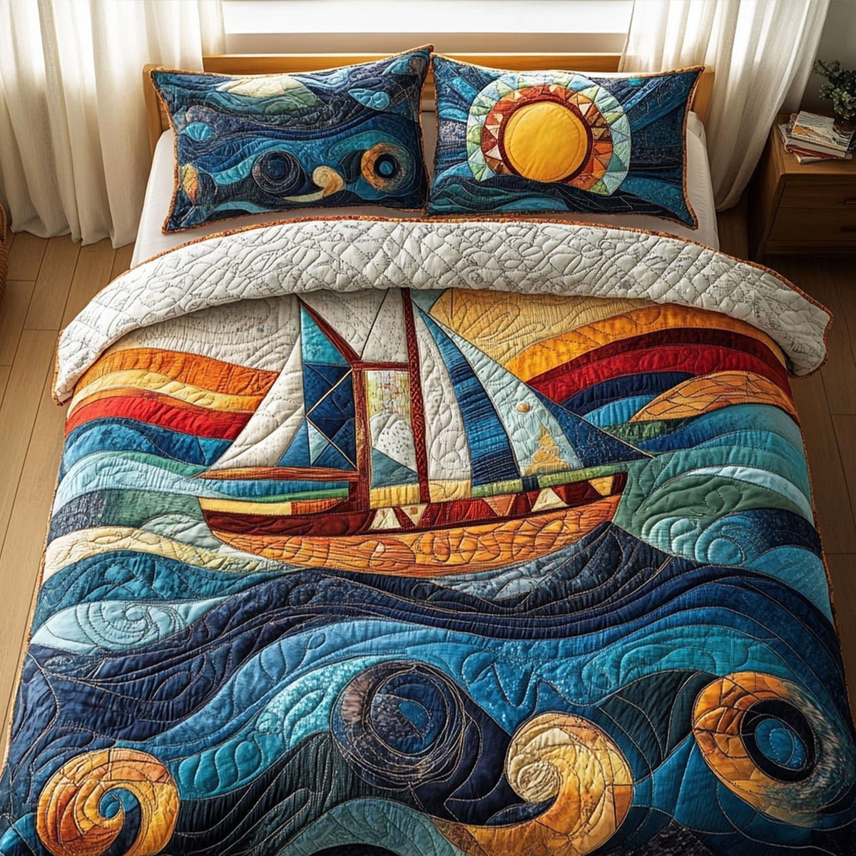 Waves of Tranquility quilted 3-piece bedding set on a made bed in a light coastal bedroom