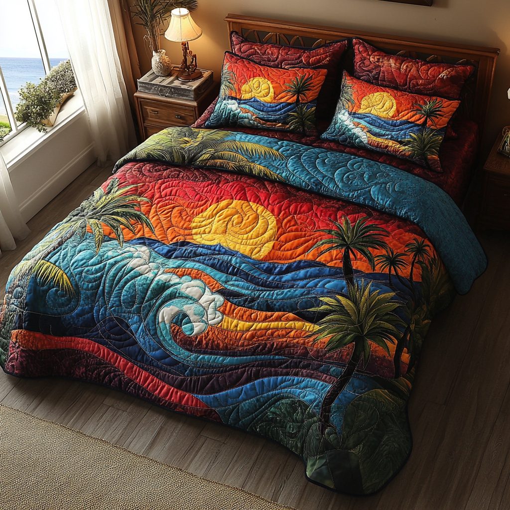 Waves Wanderlust quilted 3-piece bedding set on a made bed in a light coastal bedroom