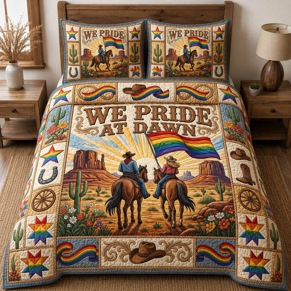 We Pride At Dawn quilted 3-piece bedding set on a made bed with two matching pillow shams