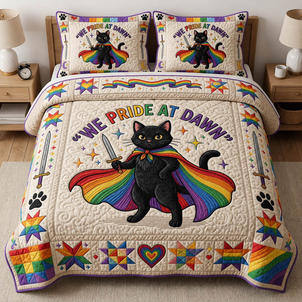 We Pride At Dawn quilted 3-piece bedding set on a made bed with two matching pillow shams