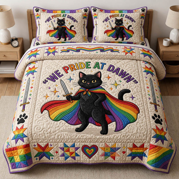 We Pride At Dawn quilted 3-piece bedding set on a made bed with two matching pillow shams