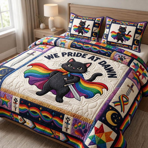 We Pride At Dawn quilted 3-piece bedding set on a made bed with two matching pillow shams