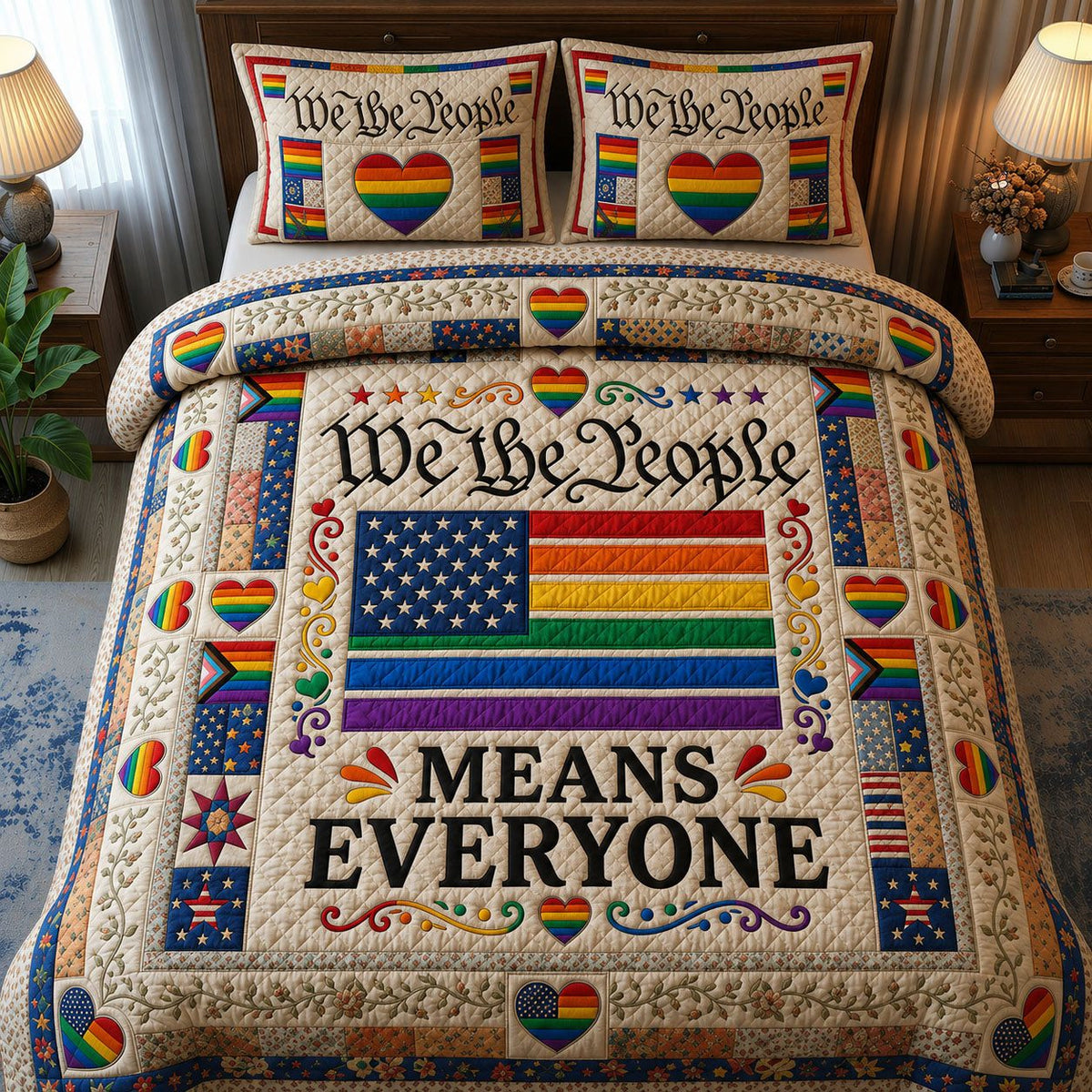 We The People Means Everyone quilted 3-piece bedding set on a made bed with two matching pillow shams