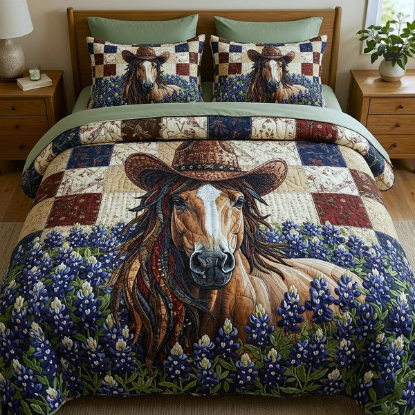 Weathered Gallop quilted 3-piece bedding set on a made bed with two matching pillow shams