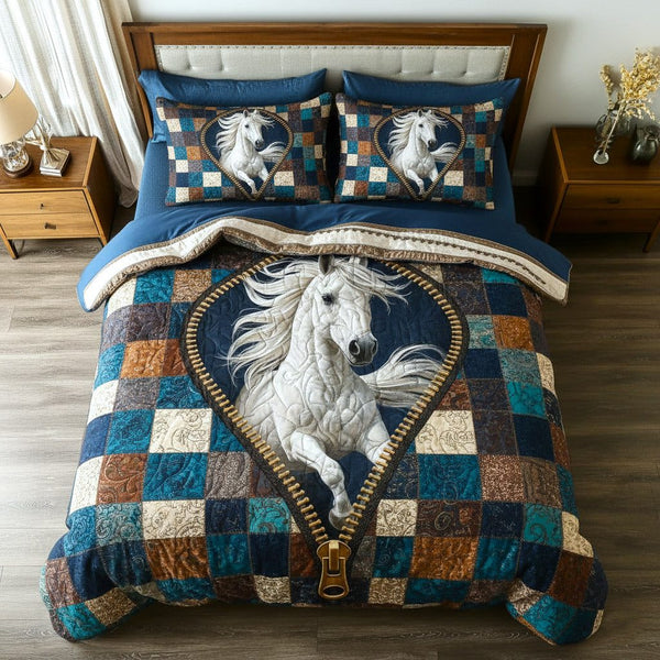 Weathered Gallop quilted 3-piece bedding set on a made bed with two matching pillow shams
