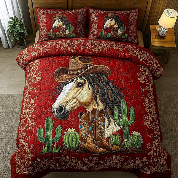 Weathered Gallop quilted 3-piece bedding set on a made bed with two matching pillow shams