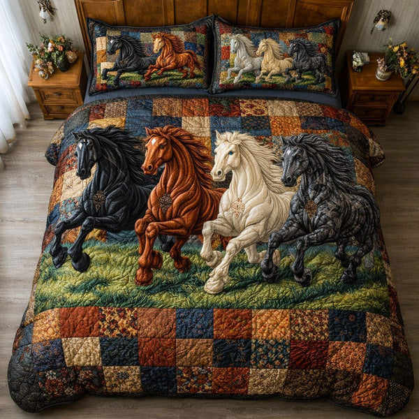 Weathered Gallop quilted 3-piece bedding set on a made bed with two matching pillow shams