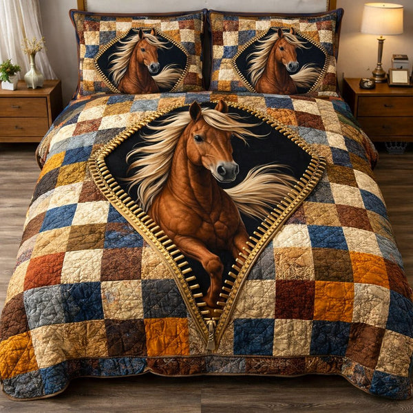 Weathered Gallop quilted 3-piece bedding set on a made bed with two matching pillow shams