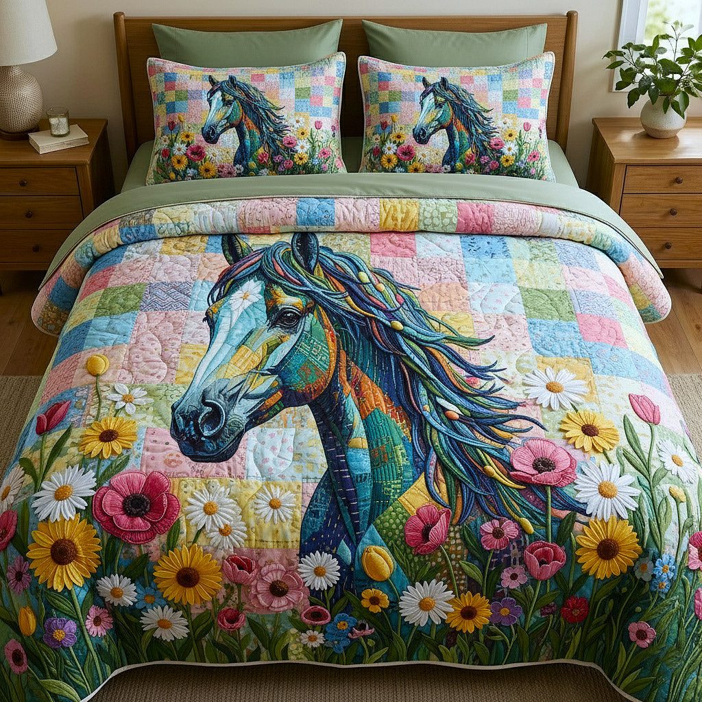 Weathered Gallop quilted 3-piece bedding set on a made bed with two matching pillow shams