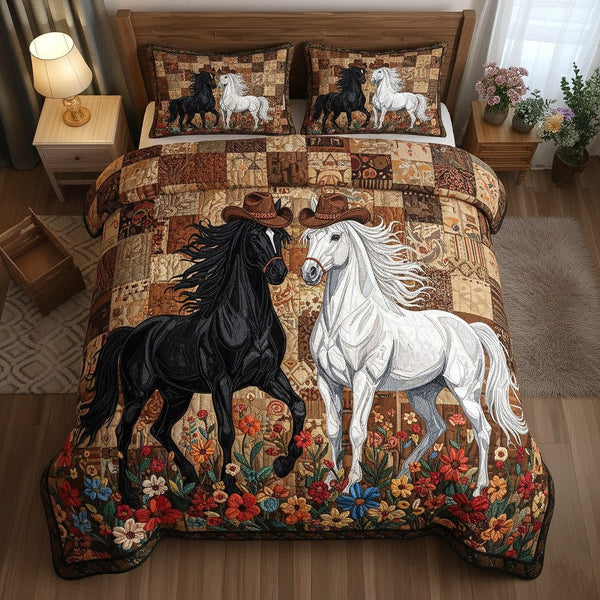 Weathered Gallop quilted 3-piece bedding set on a made bed with two matching pillow shams