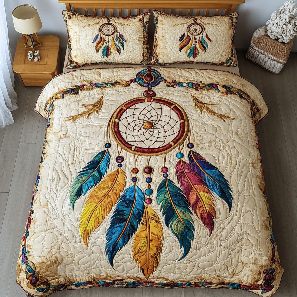 Web of Serenity quilted 3-piece bedding set on a made bed with two matching pillow shams