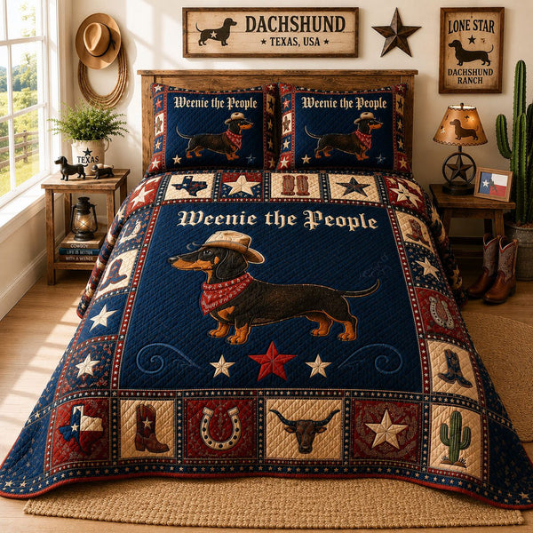 Weenie The People Cowboy Dachshund quilted 3-piece bedding set on a made bed in a rustic timber bedroom