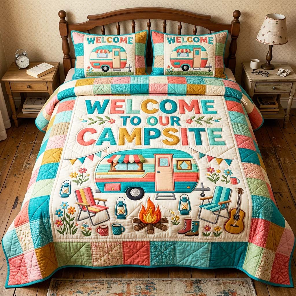 Welcome Camper quilted 3-piece bedding set on a made bed with two matching pillow shams