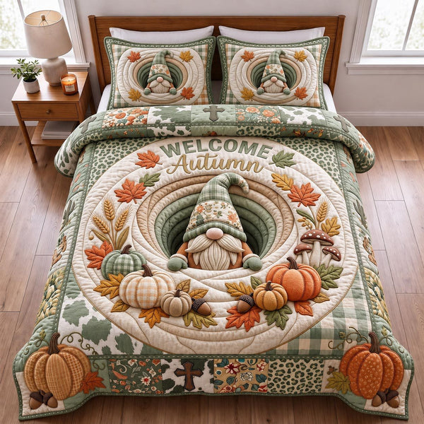 Welcome Harvest quilted 3-piece bedding set on a made bed with two matching pillow shams