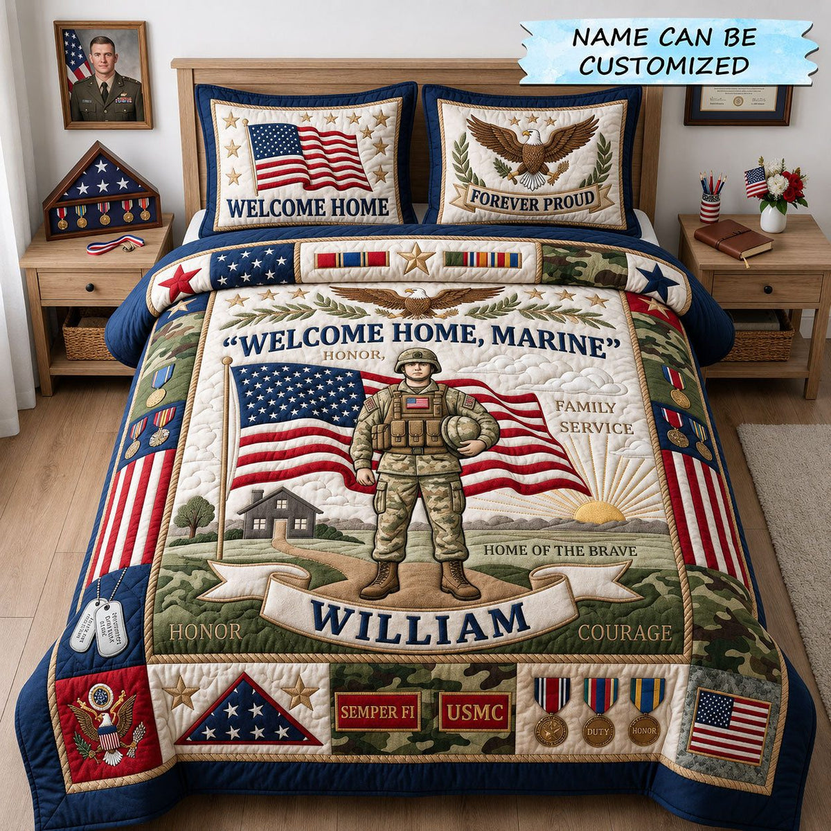 Welcome Home quilted 3-piece bedding set on a made bed with two matching pillow shams