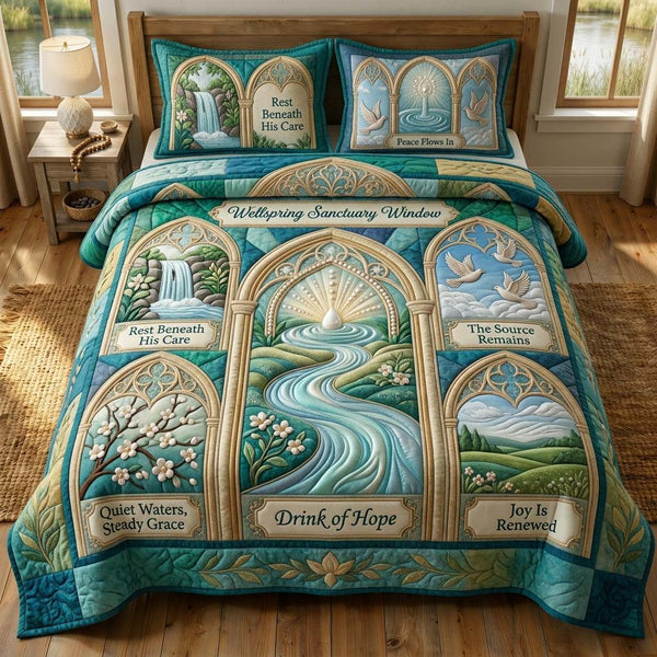 Wellspring Grace quilted 3-piece bedding set on a made bed with two matching pillow shams