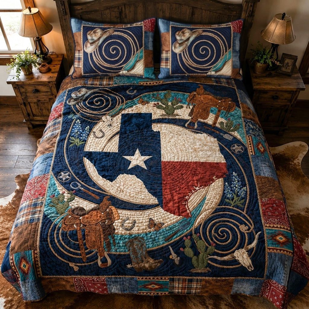 West Texas Windmill quilted 3-piece bedding set on a made bed in a rustic timber bedroom