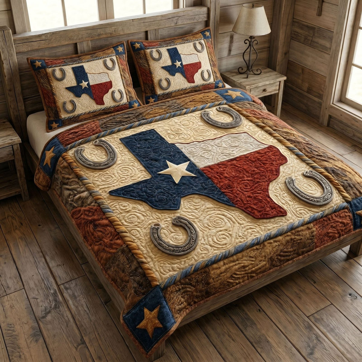 Western Banner quilted 3-piece bedding set on a made bed in a rustic timber bedroom