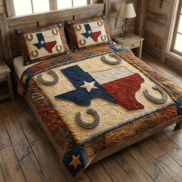 Western Banner quilted 3-piece bedding set on a made bed in a rustic timber bedroom