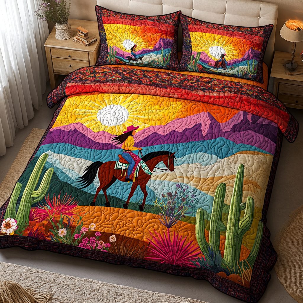 Western Belle quilted 3-piece bedding set on a made bed in a rustic timber bedroom