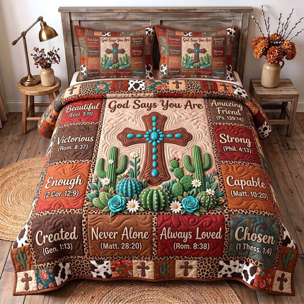 Western Bible quilted 3-piece bedding set on a made bed in a softly lit bedroom