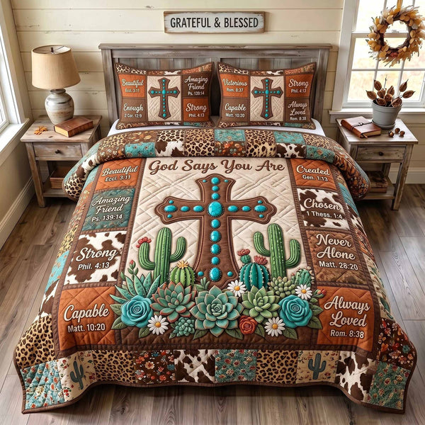 Western Bible quilted 3-piece bedding set on a made bed in a softly lit bedroom