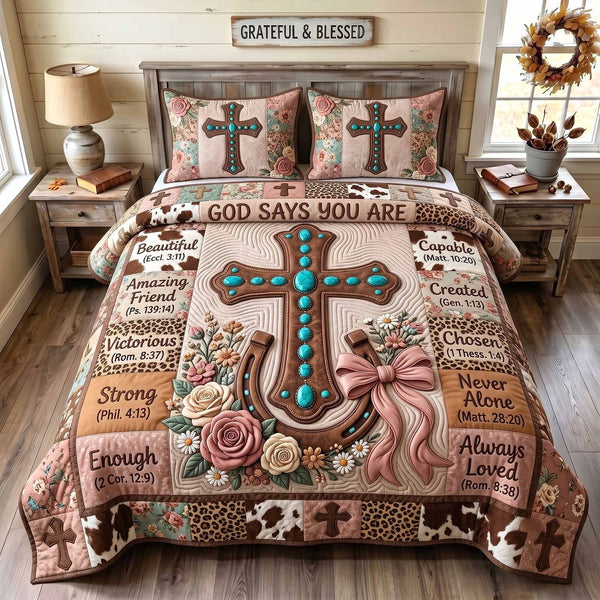 Western Bible quilted 3-piece bedding set on a made bed in a softly lit bedroom