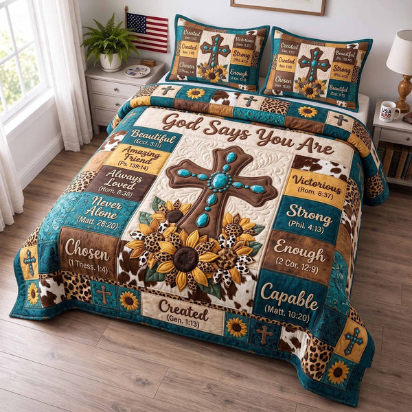 Western Bible quilted 3-piece bedding set on a made bed in a softly lit bedroom