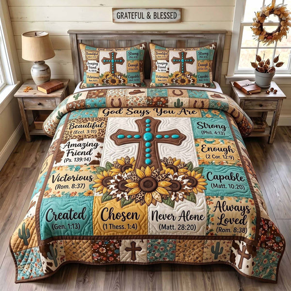 Western Bible quilted 3-piece bedding set on a made bed in a softly lit bedroom