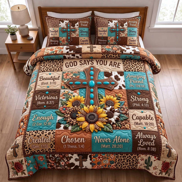 Western Bible quilted 3-piece bedding set on a made bed in a softly lit bedroom