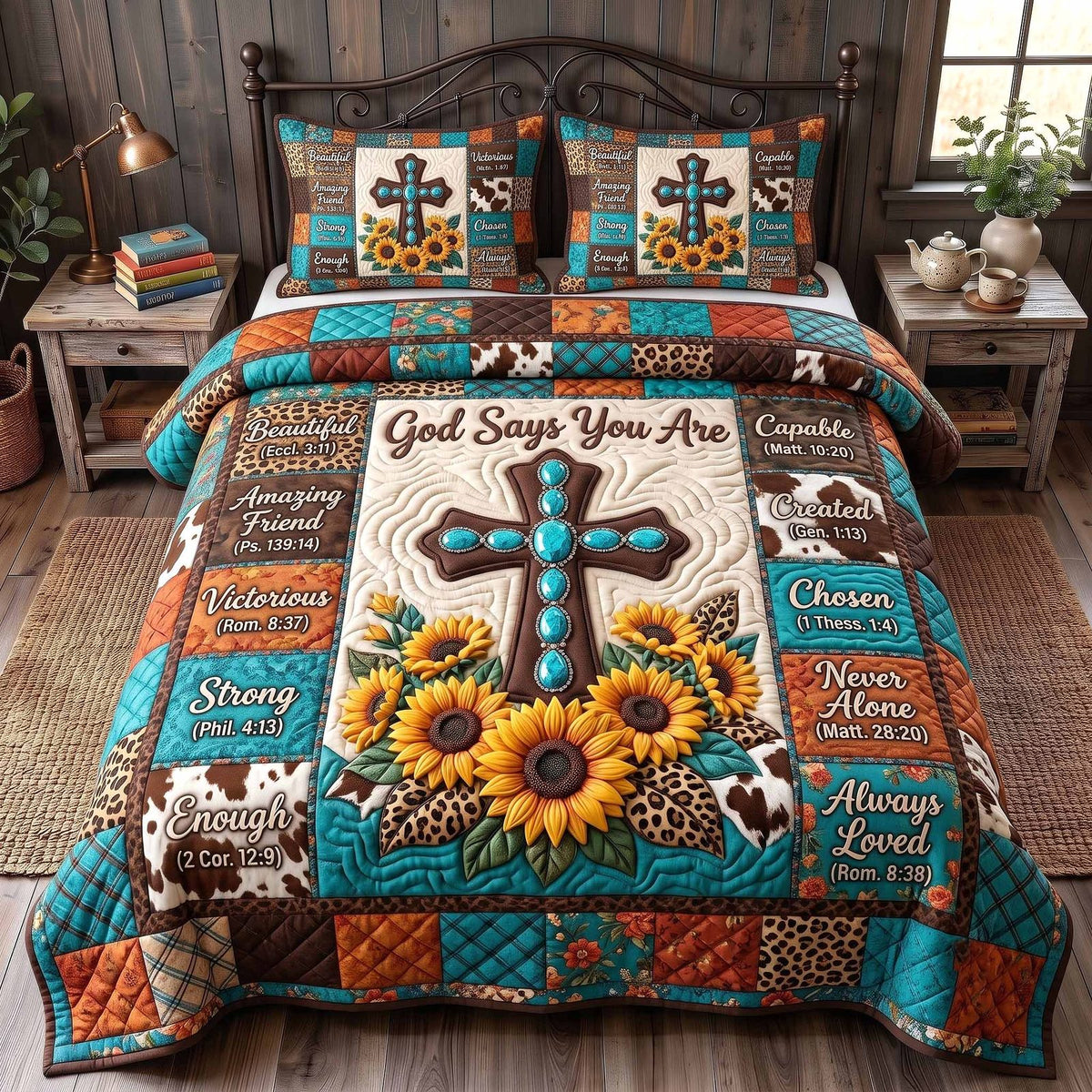 Western Bible quilted 3-piece bedding set on a made bed in a softly lit bedroom