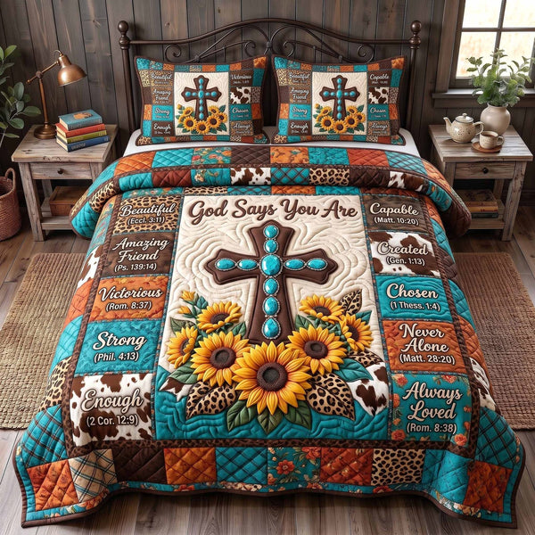 Western Bible quilted 3-piece bedding set on a made bed in a softly lit bedroom