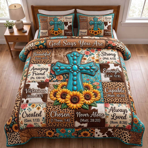 Western Bible quilted 3-piece bedding set on a made bed in a softly lit bedroom