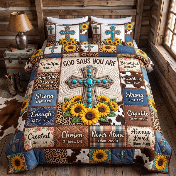 Western Bible quilted 3-piece bedding set on a made bed in a softly lit bedroom