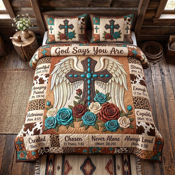 Western Bible quilted 3-piece bedding set on a made bed in a softly lit bedroom