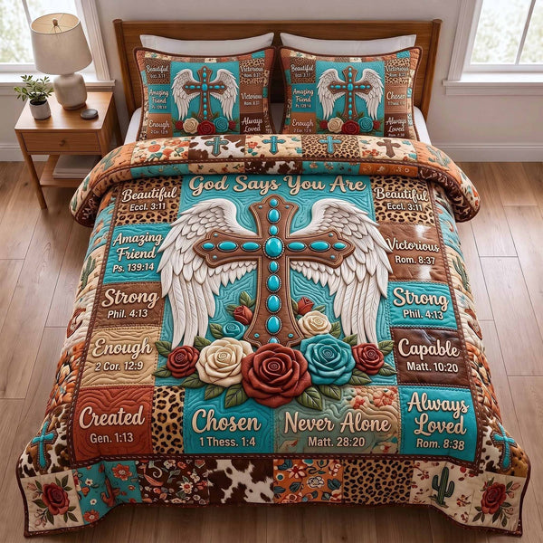 Western Bible quilted 3-piece bedding set on a made bed in a softly lit bedroom