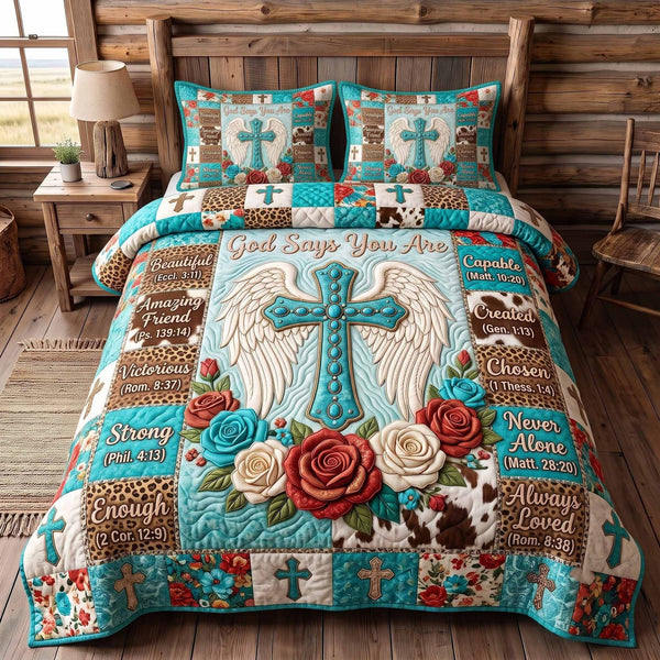 Western Bible quilted 3-piece bedding set on a made bed in a softly lit bedroom