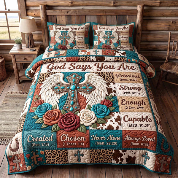 Western Bible quilted 3-piece bedding set on a made bed in a softly lit bedroom