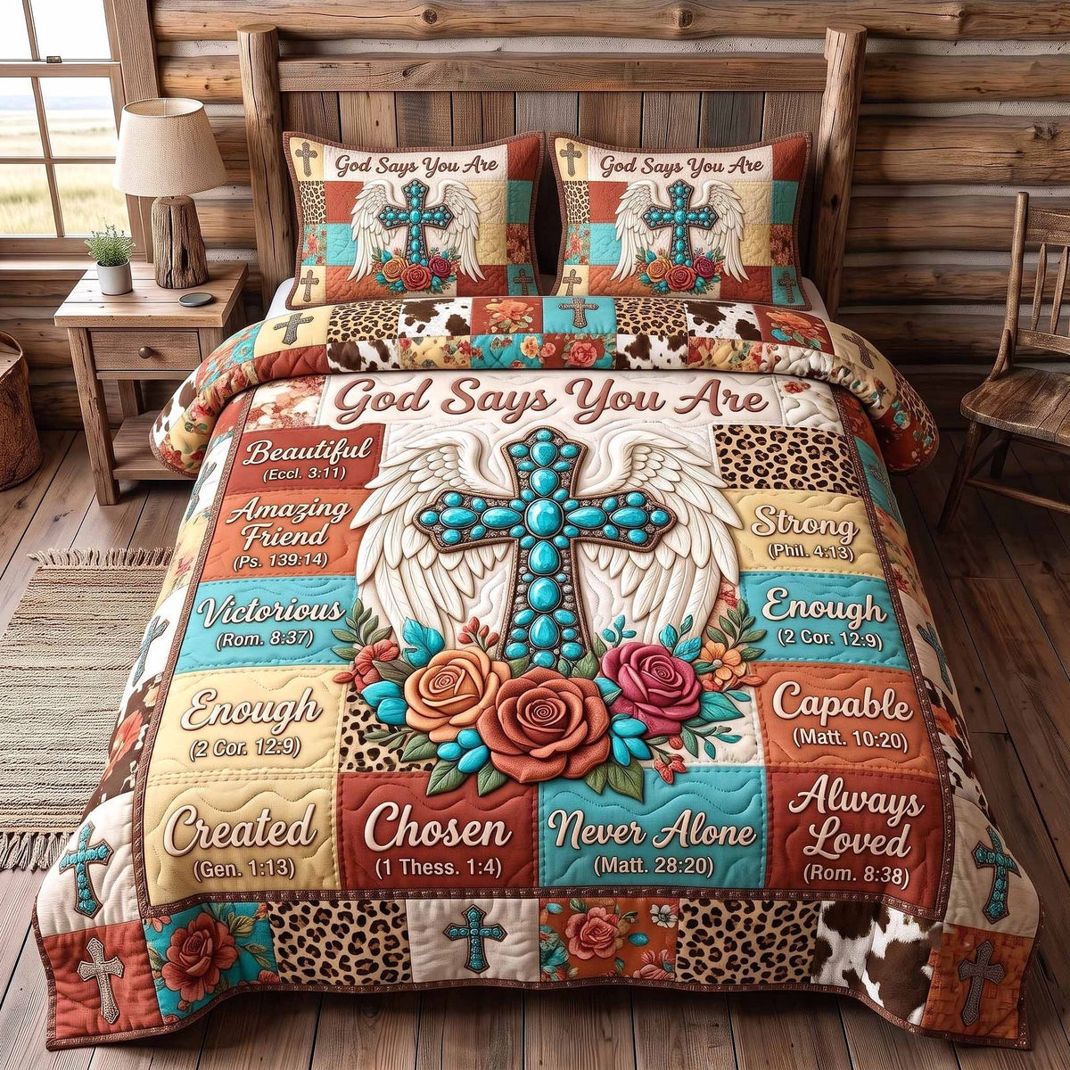 Western Bible quilted 3-piece bedding set on a made bed in a softly lit bedroom