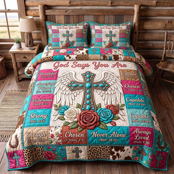 Western Bible quilted 3-piece bedding set on a made bed in a softly lit bedroom
