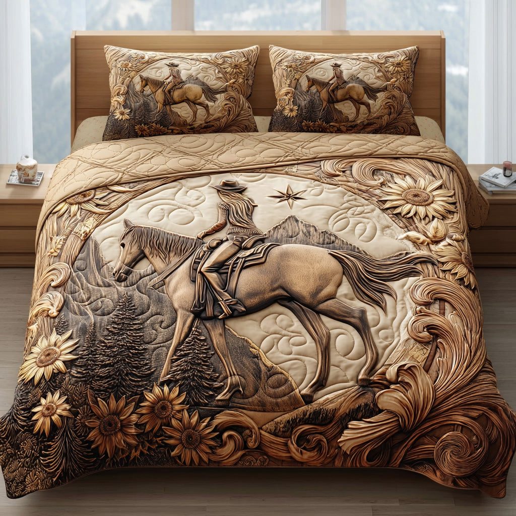 Western Bloom quilted 3-piece bedding set on a made bed in a rustic timber bedroom