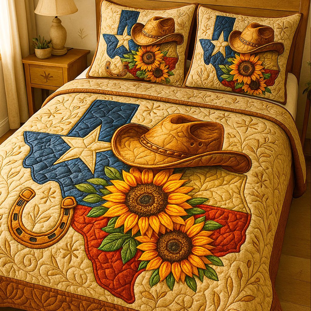 Western Bloom quilted 3-piece bedding set on a made bed in a rustic timber bedroom