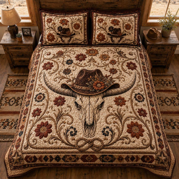 Western Bloom Skull quilted 3-piece bedding set on a made bed against a dark styled interior