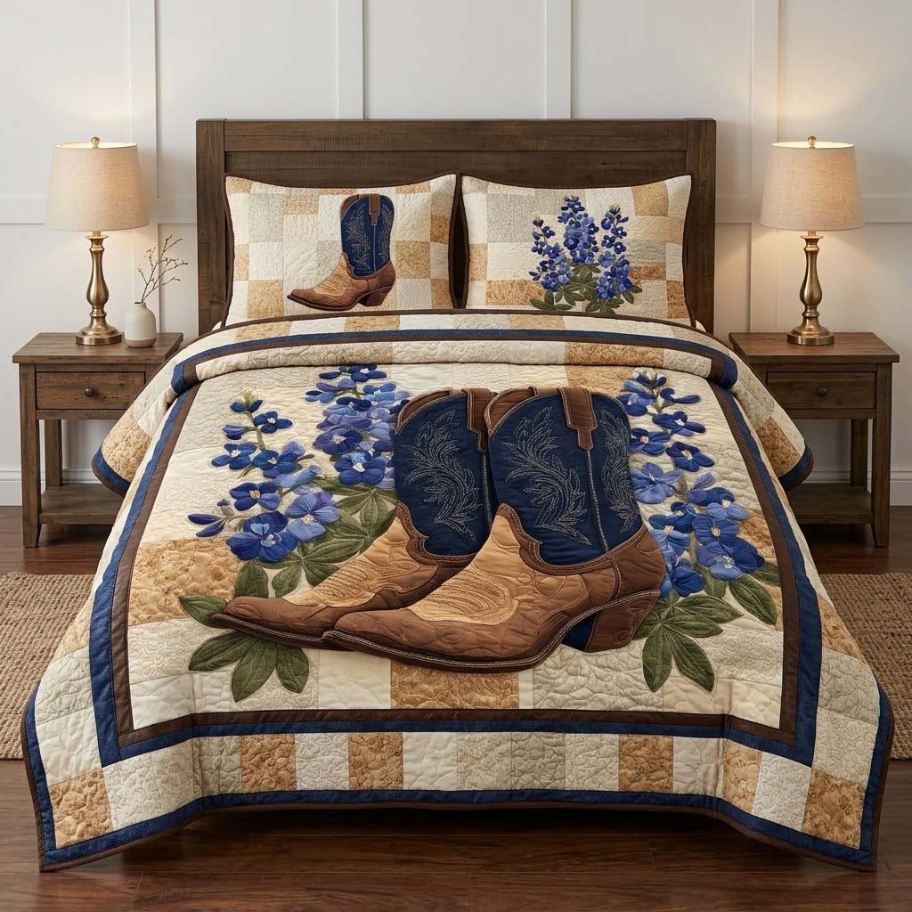 Western Bluebonnet Boots quilted 3-piece bedding set on a made bed in a rustic timber bedroom