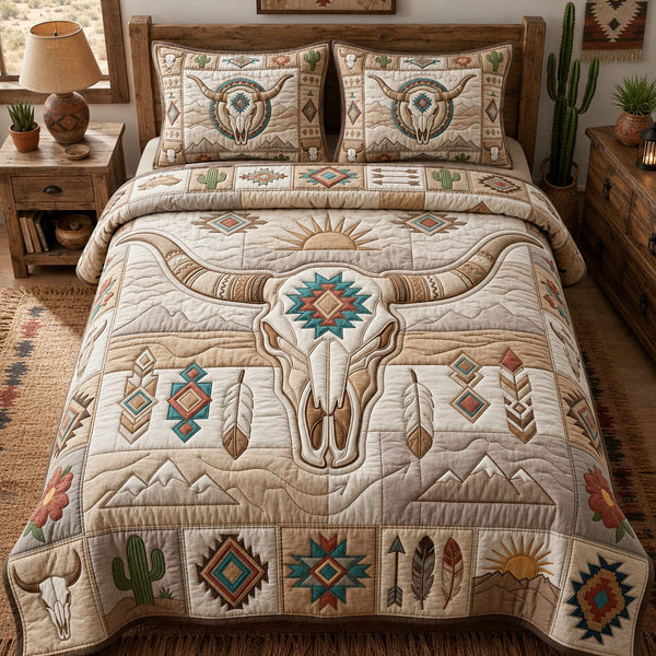 Western Boho Cow Skull quilted 3-piece bedding set on a made bed against a dark styled interior