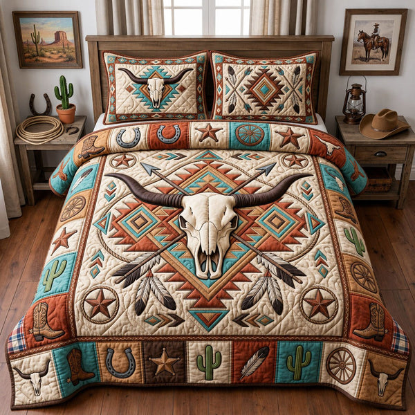 Western Bull Skull quilted 3-piece bedding set on a made bed against a dark styled interior