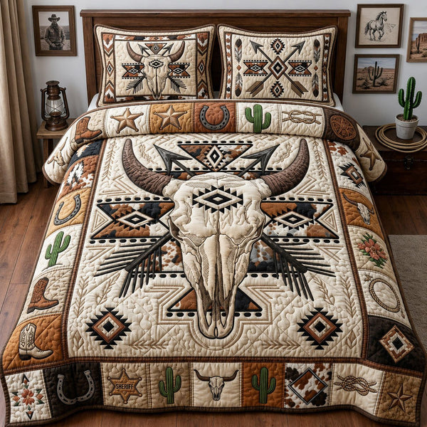 Western Bull Skull quilted 3-piece bedding set on a made bed against a dark styled interior