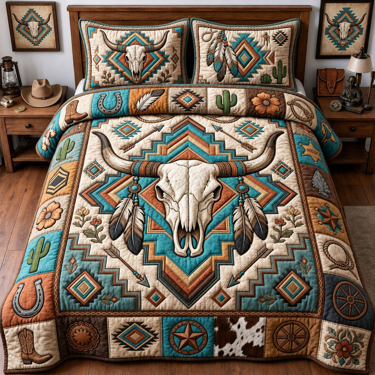 Western Bull Skull quilted 3-piece bedding set on a made bed against a dark styled interior