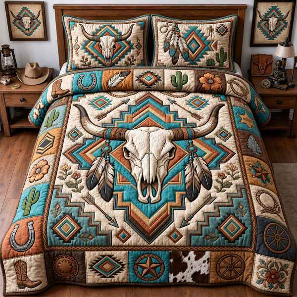 Western Bull Skull quilted 3-piece bedding set on a made bed against a dark styled interior